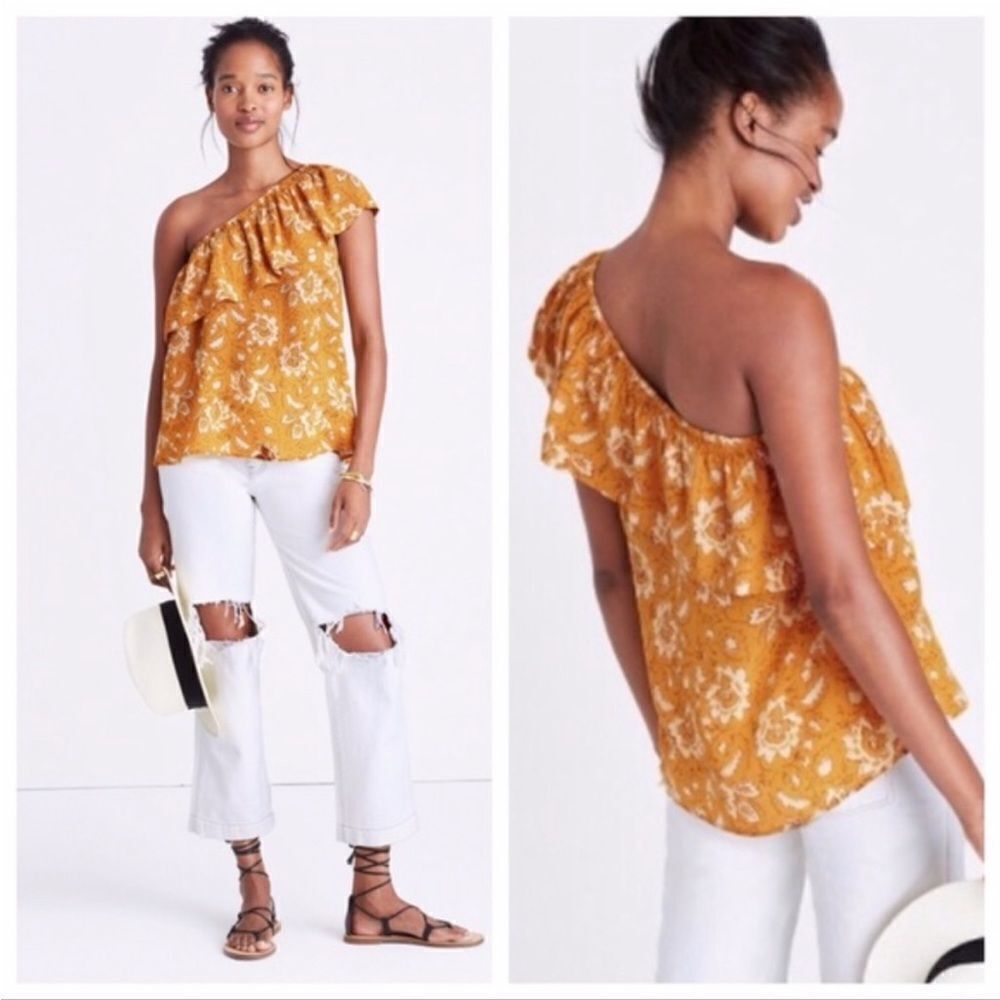 MADEWELL ASSAM Silk One-Shoulder Yellow Floral Blouse Tank-Top Size XS. - Picture 2 of 7